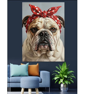 Bulldog Köpek Kırmızı Bandana Dekoratif Kanvas - Mdf Ahşap Tablo