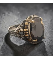 925 Ayar Gümüş Desenli Siyah Oval Kristal Taşlı Erkek Yüzük