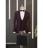 Slimfit Armürlü Kırlangıç Çıkmalı Yaka Yelekli Papyonlu Smokin Takım Elbise (Mürdüm)