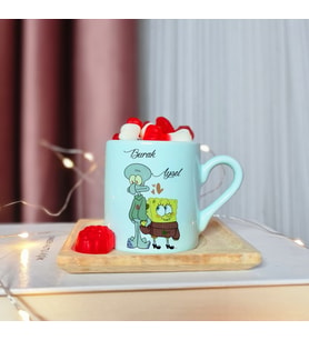 Sünger Bob & Squidward Tasarımlı Kişiye Özel Yeşil Türk Kahvesi Fincanı