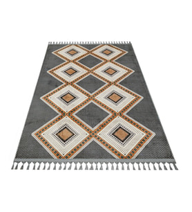 Antrasit Gri Geometrik Motifli Bambu Karışımlı Salon Kilimi Makine Dokuma Kilim Koridor
