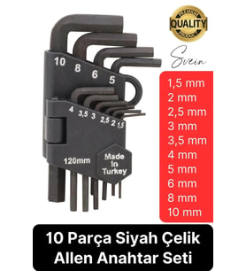 Premium 10 Parça Siyah Çelik 120 mm Allen Anahtar Seti Alyan Takımı Profesyonel Manuel Uzun Tamir