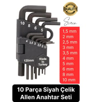 Premium 10 Parça Siyah Çelik 120 mm Allen Anahtar Seti Alyan Takımı Profesyonel Manuel Uzun Tamir