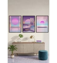 Fütüristik Pastel Soyut Geometrik 3’lü Ahşap Çerçeveli Tablo Seti