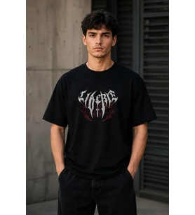 Erkek Gotik Yazı Baskılı Oversize Bisiklet Yaka T-Shirt - Siyah