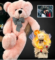 Kişiye Özel Led Işıklı Fotoğraflı Ayıcık Buketi ve Büyük Boy 80cm Pembe Peluş Ayıcık (Model 5)