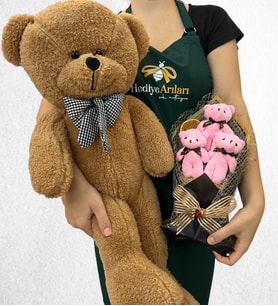 Özel Tasarım 3'lü Peluş Ayıcık Buketi ve Büyük Boy Kahverengi Peluş Ayıcık (Model 5)