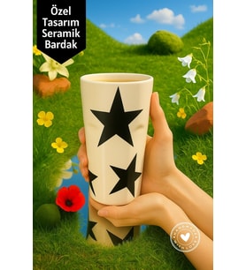 Siyah Yıldız Desenli El Yapımı Seramik Bardak – Özel Tasarım