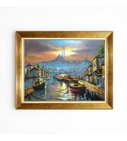 Tablore Nostaljik İstanbul Balıkçı Tekneleri Altın Çerçeveli Yağlı Boya Dokulu Tablo