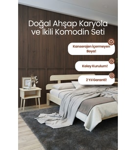 Lotus New Model Masif Ahşap Karyola ve 2 Adet Komodin Kolay Kurulum Fırınlanmış İthal Sibirya Çamı 140x190 Yatak Uyumlu 2 Adet Komodin
