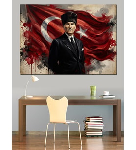 Atatürk Türk Bayrağı Önünde Portre Dekoratif Kanvas - Mdf Ahşap Tablo