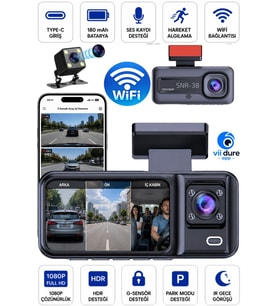 SNR-38 Wi-Fi 3 Kameralı Araç içi Güvenlik Kamerası IR Gece Görüşü G-Sensör Ön-arka-iç Kayıt Dashcam