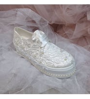 Berush Bride 216 Serisi  Dolgu Topuk Çiçek Güpürlü Gelinlik Ayakkabısı (Sedef)