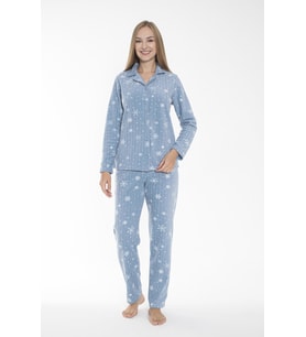 Kadın Kışlık Kar Desenli Önden Düğmeli Fitilli Polar Pijama Takımı Mavi
