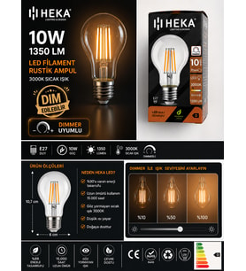 (1 Adet) Heka 10W Günışığı (3000K) E27 Duylu Dim Edilebilir LED Rustik Ampul