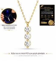 925 Ayar Gümüş Gold 3'lü Tektaş Kolye - Büyük Boy LED Işıklı Takı Kutulu