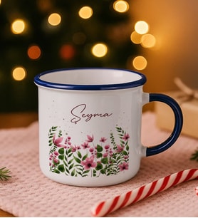 BK Gift Kişiye Özel Çiçek Tasarımlı Lacivert Emaye Kupa Bardak -5, Arkadaşa Hediye, Sevgiliye Hediye
