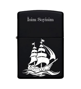 Gemi Figürlü Kişiye Özel İsimli Benzinli Siyah Metal Çakmak