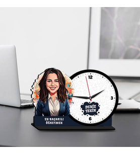 Kadın Öğretmene Hediye Karikatürlü MDF Masa Saati