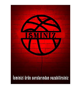 Mony Tasarım Isimli Basket Topu Led Işıklı Tablo, Çocuk Odası Aydınlatma Lamba (Kırmızı)