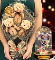 Kişiye Özel Led Işıklı Fanus ve Büyük Boy Kahve Peluş Ayıcık Buketi - Premium Hediye Seti (Model 5)