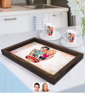 BK Gift Kişiye Özel İsimli Sevgililer Karikatürlü Doğal Ahşap Tepsi ve 2’li Kahve Fincan Seti-51