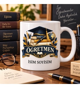 Öğretmen Kupa Bardak Kitap ve Mezuniyet Kepi Desenli