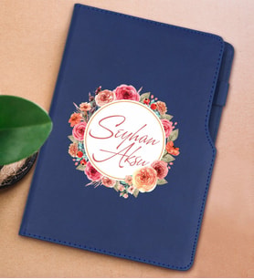 BK Gift Kişiye Özel Çiçek Tasarımlı Lacivert Termo Deri Not Defteri 15x21cm-12
