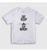 Presmono Unisex Çocuk Beyaz Eat Sleep Fly Repeat Pilot Airplane Uçak T-Shirt 398790tt (Beyaz)