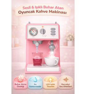 Sesli Işıklı Buhar Sprey Atan Ve Su Hazneli Su Akıtmalı Kahve Makinesi Evcilik ve Mutfak Oyun Seti (Pembe)
