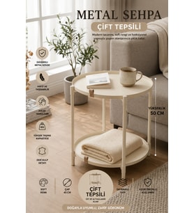 Katlanır Orta Yan Yuvarlak Sehpa Metal Ayak 44 cm Tepsi