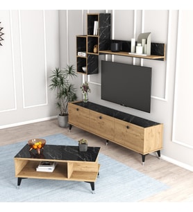 Moxen Mobilya Mts2 Mira Duvar Raflı Tv Sehpası Kitaplıklı Tv Ünitesi ve Orta Sehpa Sepet Bendir MXNMTS2002SPT