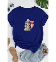 Unisex Sevimli Kedi Tasarım T-shirt (Mavi)