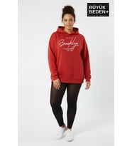 Kadın Büyük Beden Kapüşonlu El yazılı Brooklyn Baskılı Rahat Kalıp Sweatshirt SPR26BSWK958 (Kırmızı)