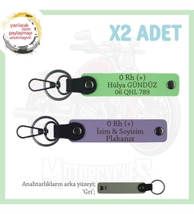 Hız Severlere Özel Armağan, İsim Plaka ve 0 Rh (+) Kan Grubu Yazılı x2 Anahtarlık Set, Mor-Mavi-Gr (Çok Renkli)