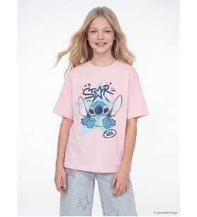 LCW Kids Pembe Stitch Baskılı Kız Çocuk Soft Touch Tişört
