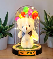 Kişiye Özel Sevimli Ayıcık Temalı Fanus Aranjmanı / Led Lambalı ve Balonlu Tasarım (Krem)