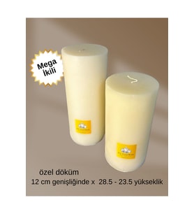 El Dökümü Mega Boy 2’li Silindir Mum – dekoratif Eskitme Tarzı  Krem  12x 23.4–28.5 cm