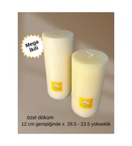 El Dökümü Mega Boy 2’li Silindir Mum – dekoratif Eskitme Tarzı  Krem  12x 23.4–28.5 cm
