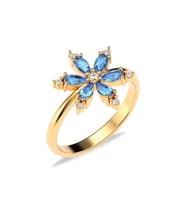 Aqua Taşlı Lotus Çiçeği Altın Kaplama Gümüş Yüzük