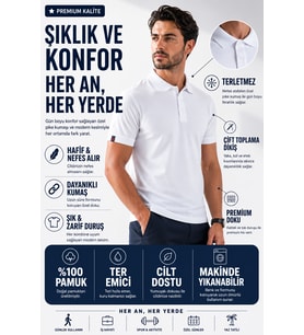 LUXIC CORE Erkek Polo Yaka Beyaz Tişört Likralı Pike Kumaş Slim Fit