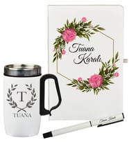 Anneye Hediye Kişiye Özel Termos Mug Defter ve Roller Kalem Seti Çiçek Tasarımlı