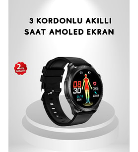 AMOLED Ekranlı Akıllı Saat – 3 Kordon Seçenekli, Suya Dayanıklı, Kalp Atış ve Uyku Takip Özellikli