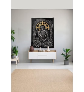 Siyah Şövalye Desenli Leke Tutmaz Kadife Kumaş Duvar Örtüsü Duvar Halısı Tapestry, 100 x 140
