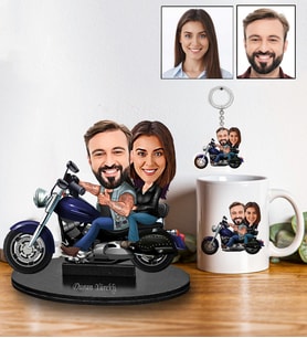 Kişiye Özel Motorcu Çift Tasarımlı Karikatür Biblo Anahtarlık Ve Kupa Hediye Seti 62