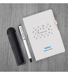 Kişiye Özel Bankacı Temalı Beyaz Defter & Beyaz  Roller Kalem
