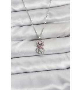 Mey İthalat® 316L Çelik Zincir Gümüş Renk Teddy Bear Model Zirkon Taşlı Kadın Kolye