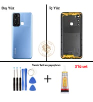Infinix Hot 20İ Mavi Uyumlu Lensli Arka Kapak + Yapıştırıcı ve Vida Seti Arka Cam Batarya Pil Kapağı