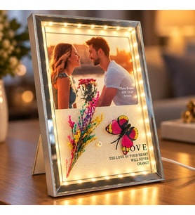 Kelebek ve Kuru Çiçekli Led Işıklı Fotoğraf Çerçevesi