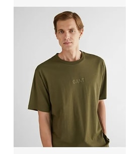 Gant Saf Pamuk Oversize Fit Bisiklet Yaka Erkek Tişört %100 Pamuk Haki XL